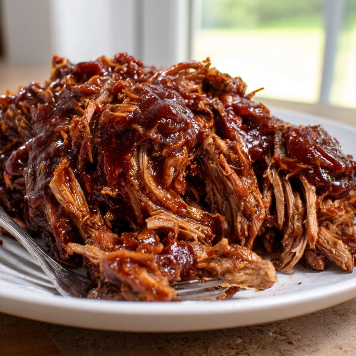 Slow Cooker BBQ Pulled Beef piled high on a toasted bun with creamy coleslaw