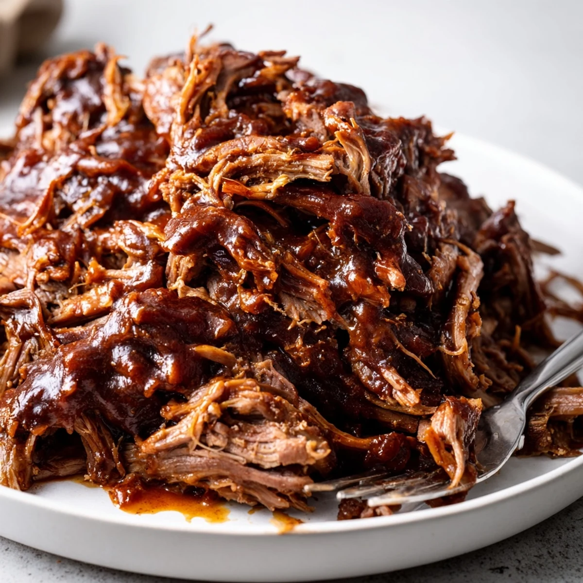 Hearty Slow Cooker BBQ Pulled Beef falling apart on a plate with pickles and buns
