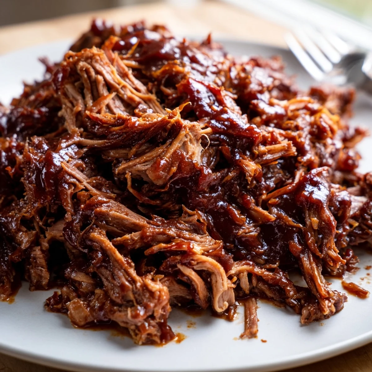 Tender shredded Slow Cooker BBQ Pulled Beef glistening with tangy sweet smoky sauce