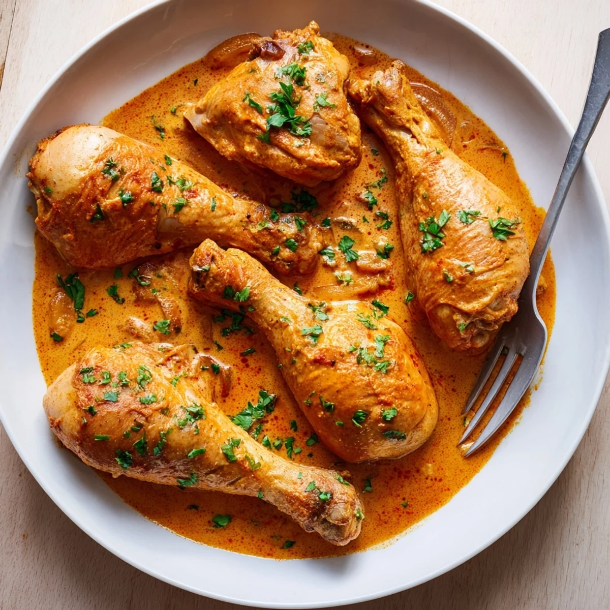 Juicy oven-roasted paprika chicken drumsticks nestled in a smooth, creamy skillet sauce ready for serving.