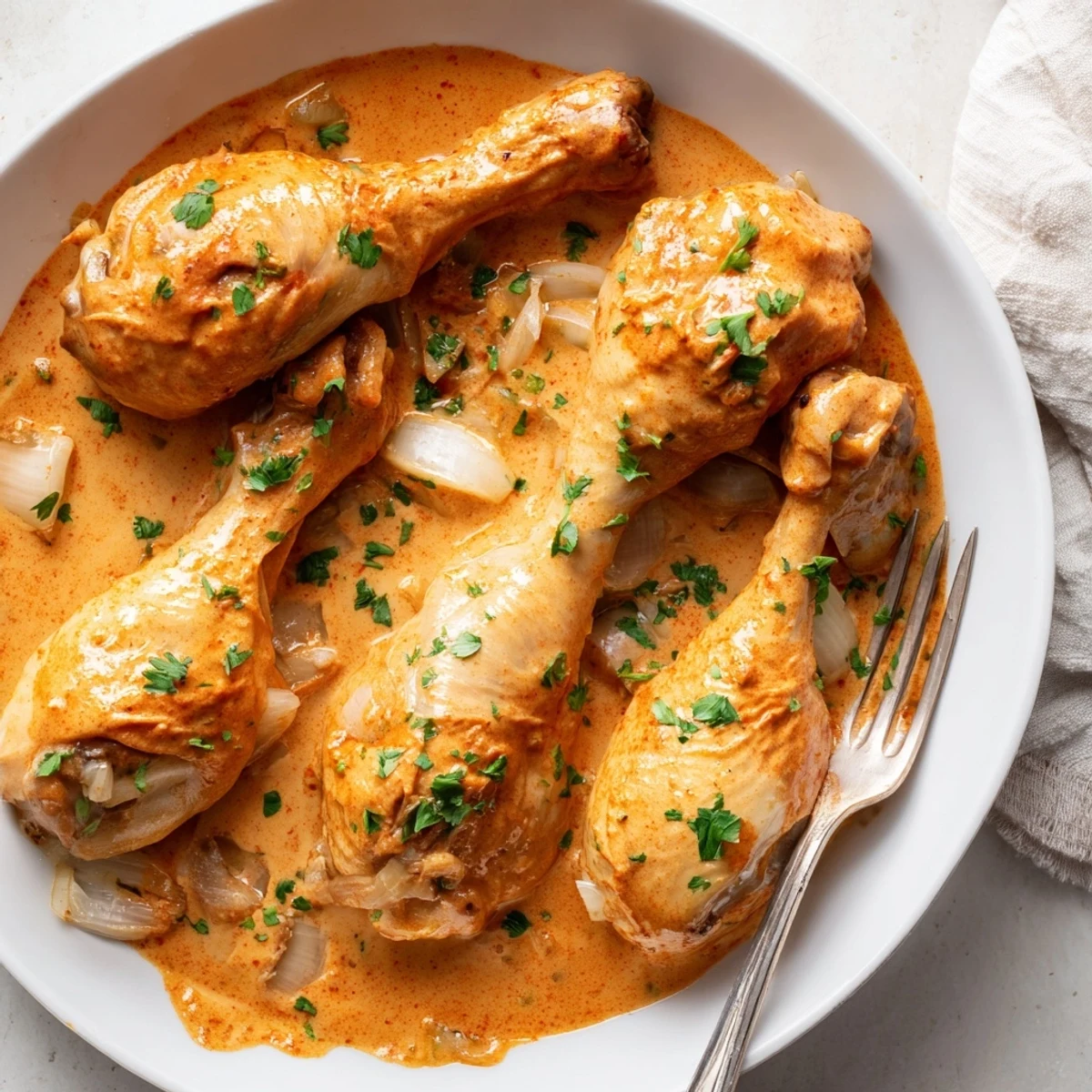 Golden creamy paprika chicken drumsticks glistening in a rich, rust-colored sauce with fresh parsley garnish.