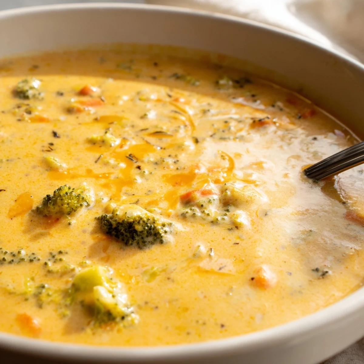 Creamy slow cooker broccoli cheese soup topped with melted cheddar and crusty bread croutons