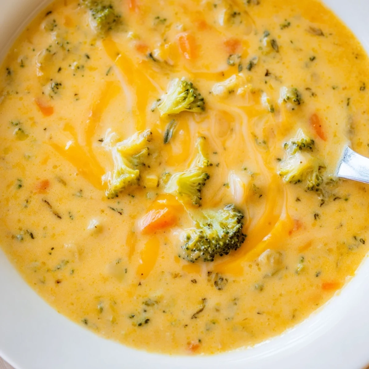 Thick golden slow cooker broccoli cheese soup ladled into a bowl on a rustic wooden table