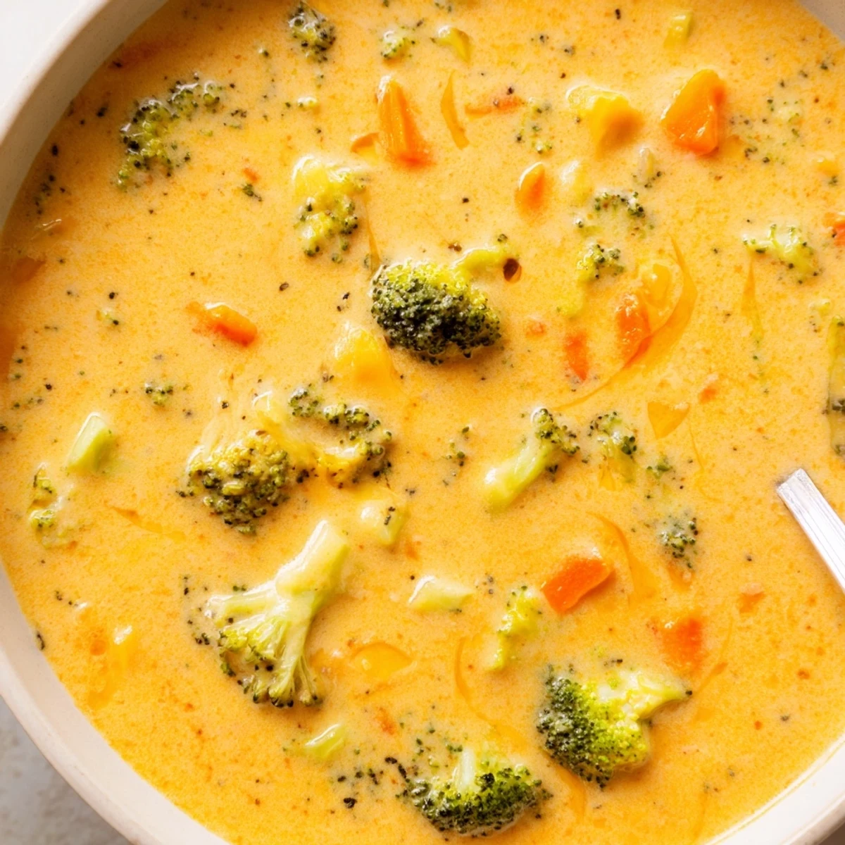 Velvety slow cooker broccoli cheese soup garnished with shredded cheese and a sprinkling of black pepper