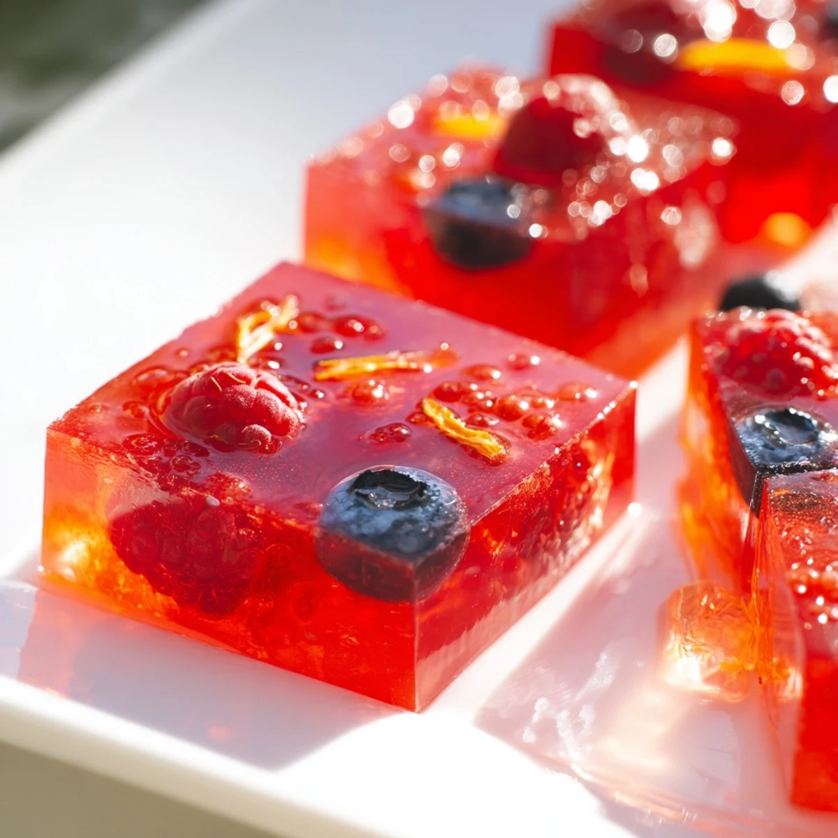 Glistening collagen fruit jellies in vibrant molds dusted with fresh berry garnish