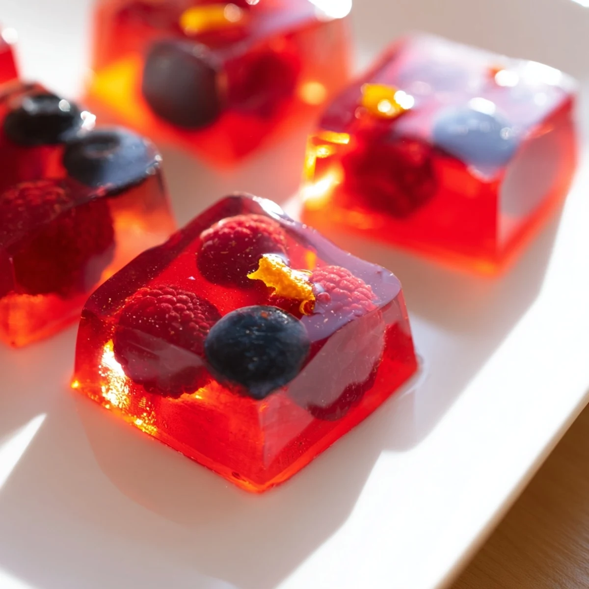 Jewel-toned collagen fruit jellies arranged on a rustic white serving board