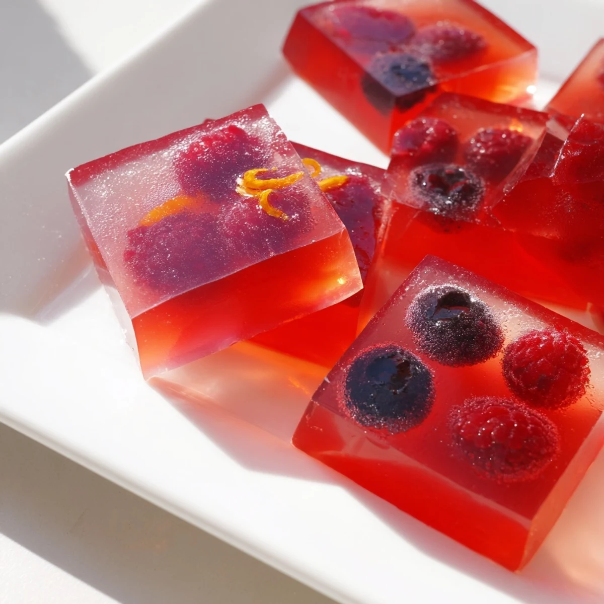 Translucent collagen fruit jellies with sliced berries in a chilled dessert bowl