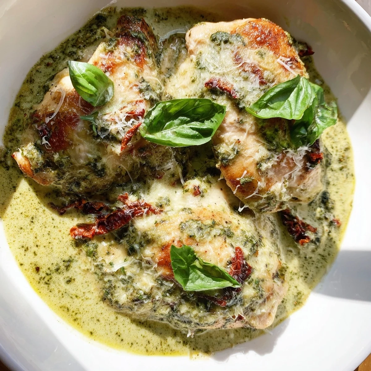 Juicy Marry Me Chicken Pesto in a creamy, golden skillet sauce with sun-dried tomatoes