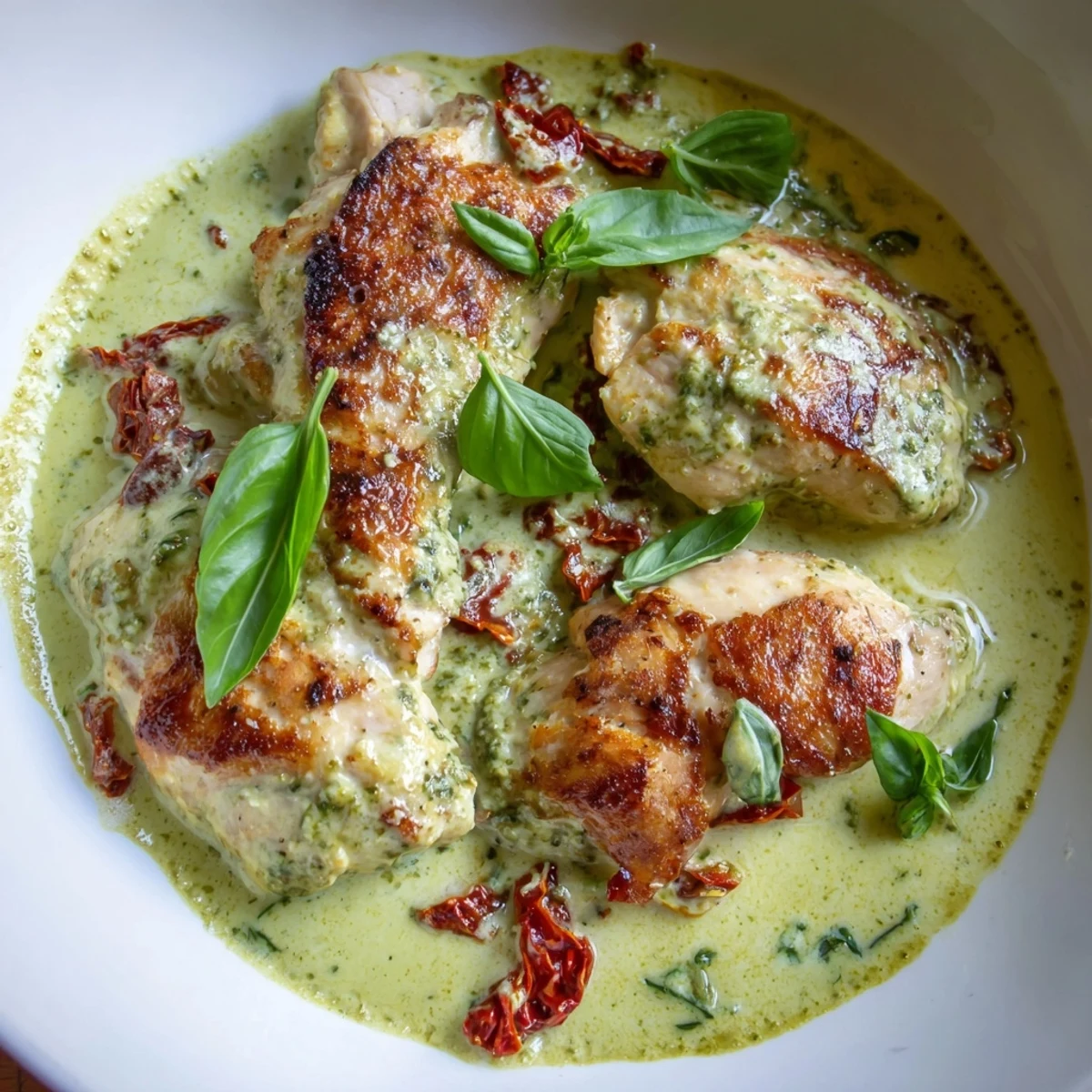 Creamy pesto-coated Marry Me Chicken breasts topped with torn basil and Parmesan on a plate