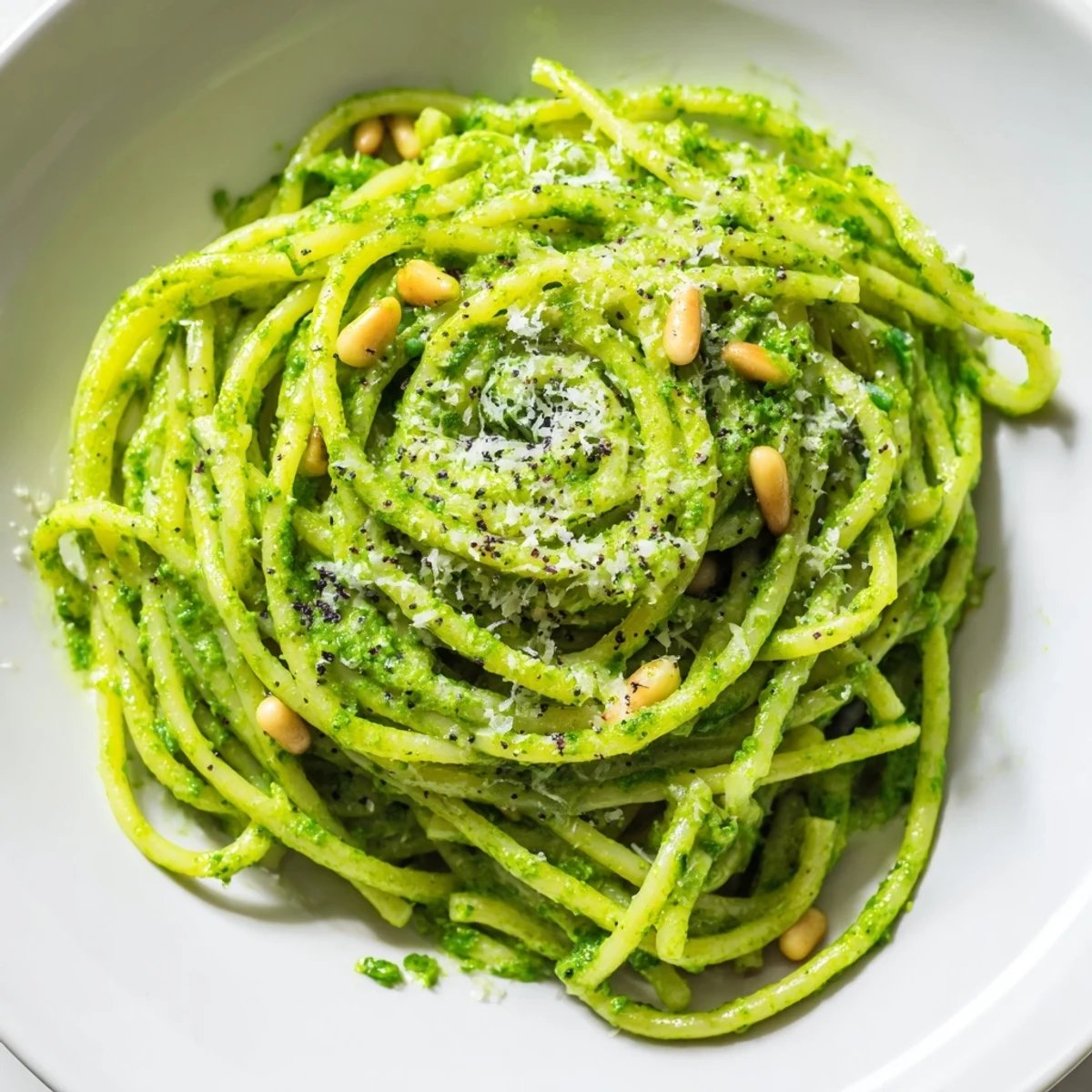 Wild garlic pesto pasta coated in bright green sauce with freshly grated Parmesan on top