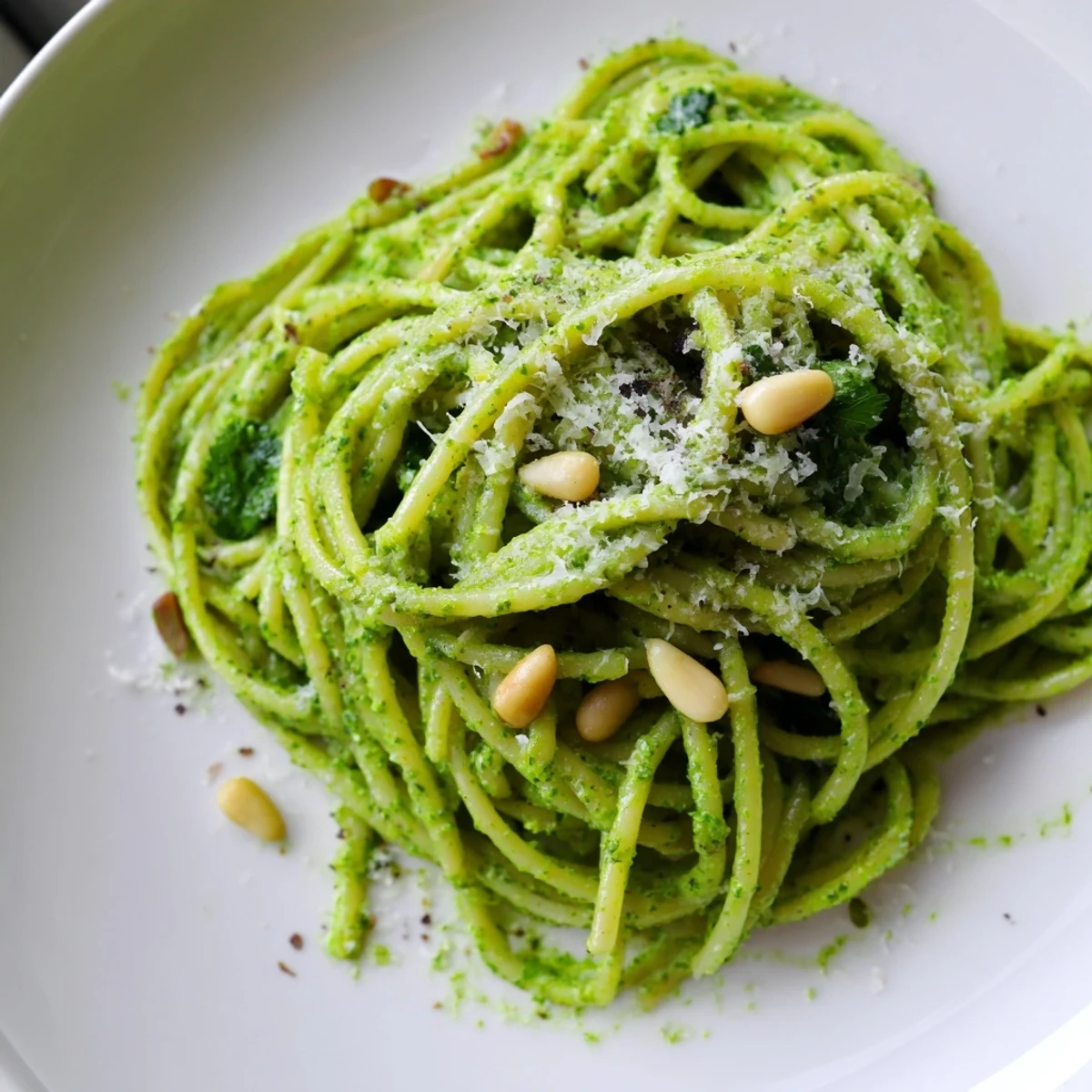 Steaming bowl of wild garlic pesto pasta garnished with cracked black pepper and pine nuts