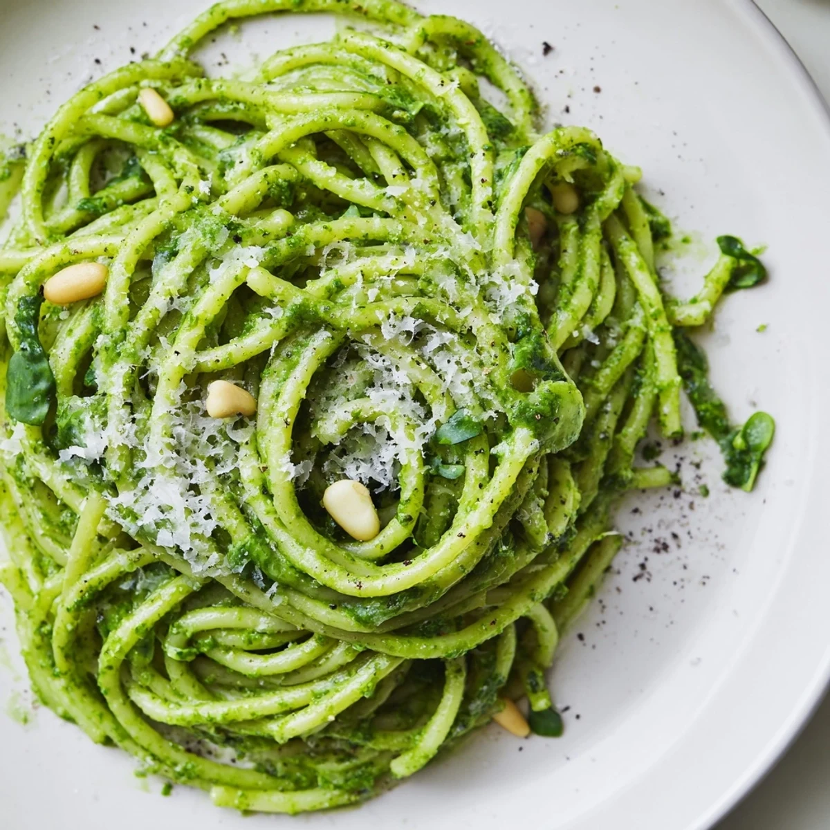 Wild garlic pesto pasta twirled on a fork showcasing its vibrant emerald herb coating