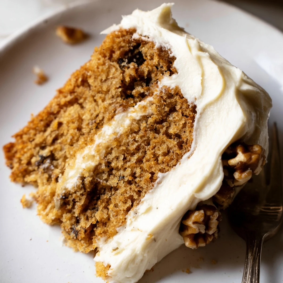 Warm brown butter banana cake topped with pillowy thick cream cheese frosting, ready to serve.