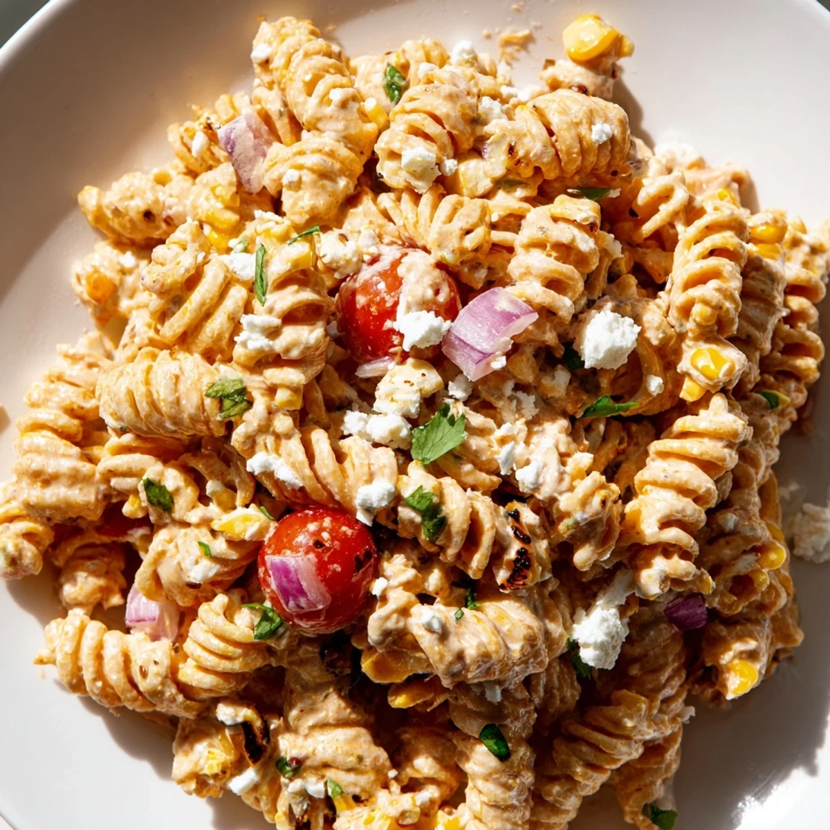 Creamy Elote Street Corn Pasta Salad topped with crumbled cotija cheese and fresh cilantro