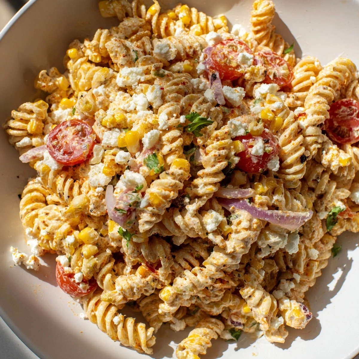Smoky grilled corn and colorful tomatoes tossed in a rich Elote Street Corn Pasta Salad