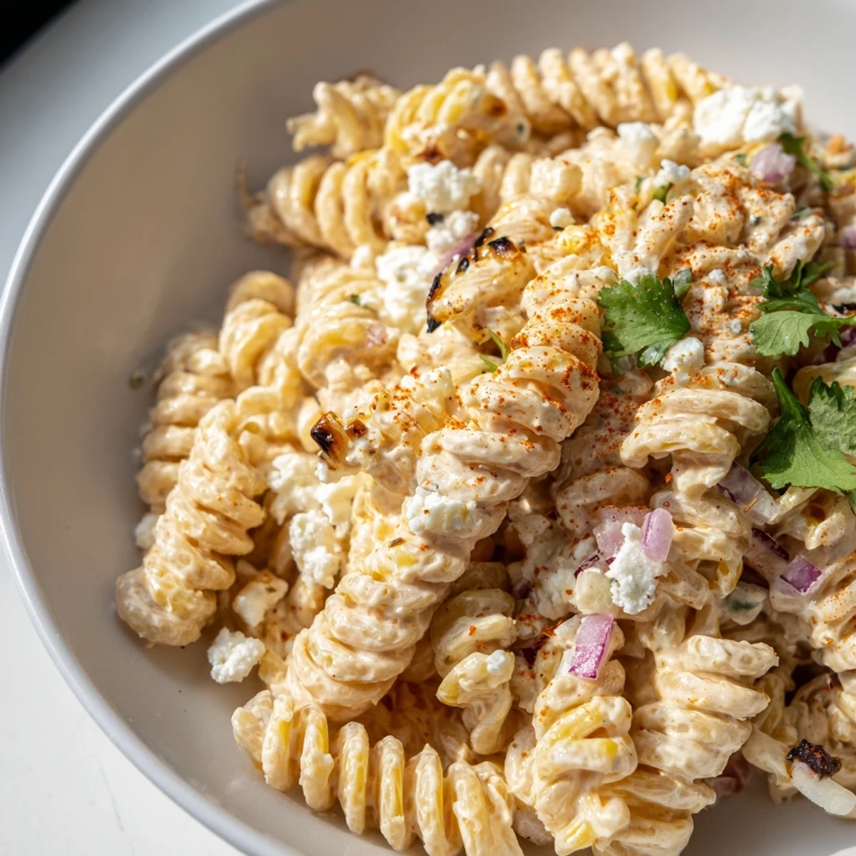 Creamy elote street corn pasta salad topped with crumbled Cotija cheese and fresh cilantro
