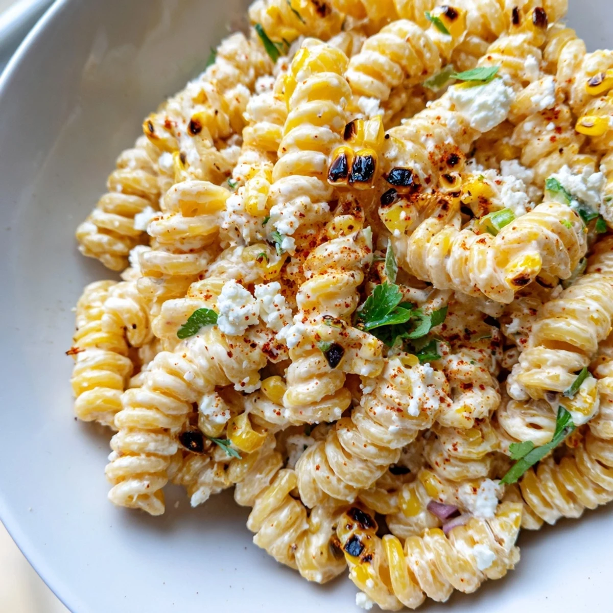 Vibrant elote street corn pasta salad served in a white bowl with a sprinkle of chili powder