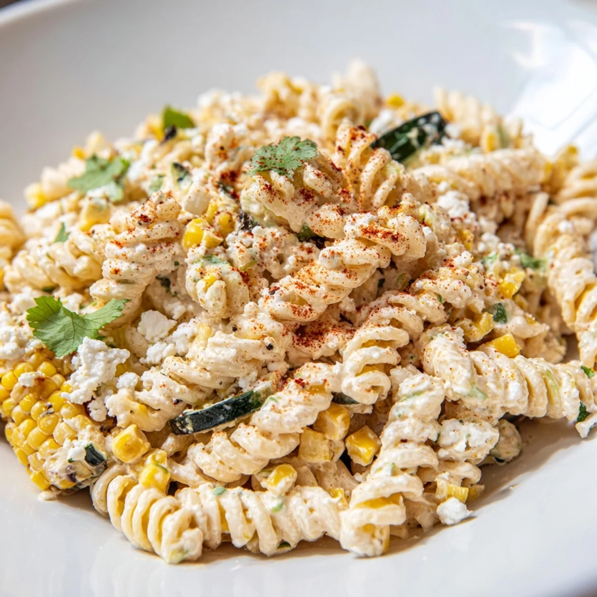 Charred corn and tender rotini tossed in a zesty lime dressing for elote street corn pasta salad