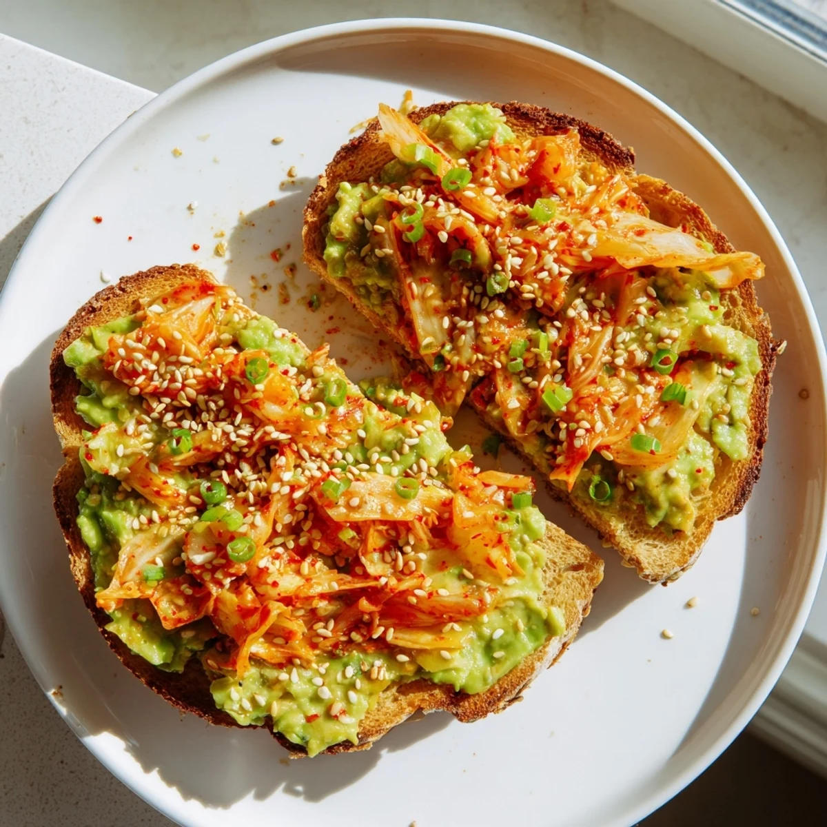 Kimchi avocado toast topped with bright green onions and a drizzle of sesame oil