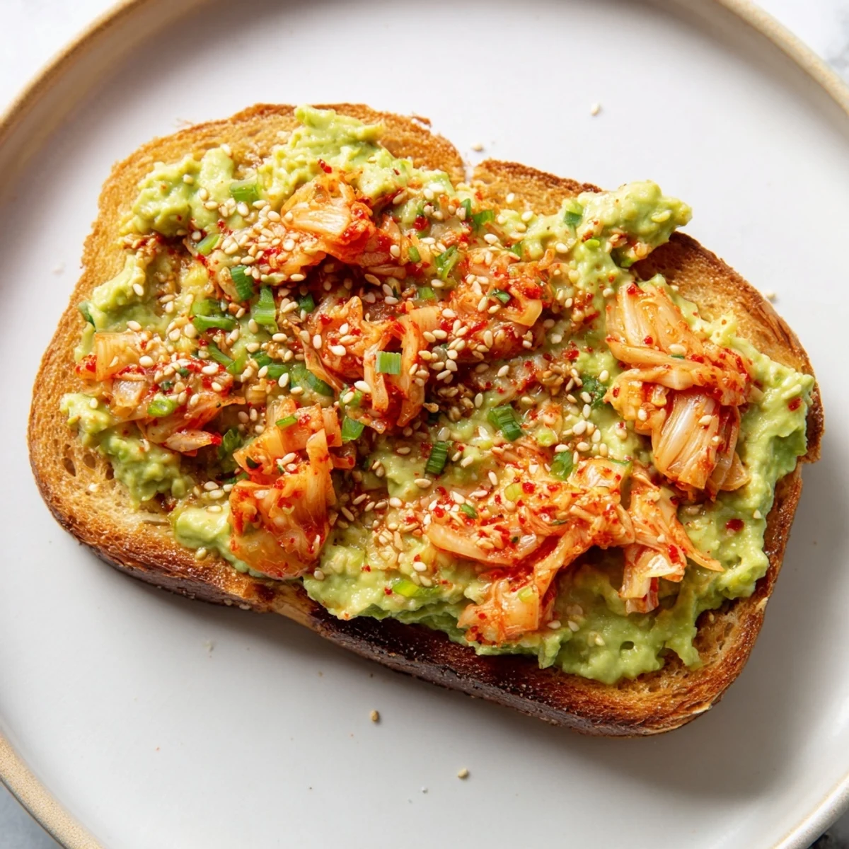 Rustic toasted bread layered with mashed avocado and vibrant red kimchi for breakfast