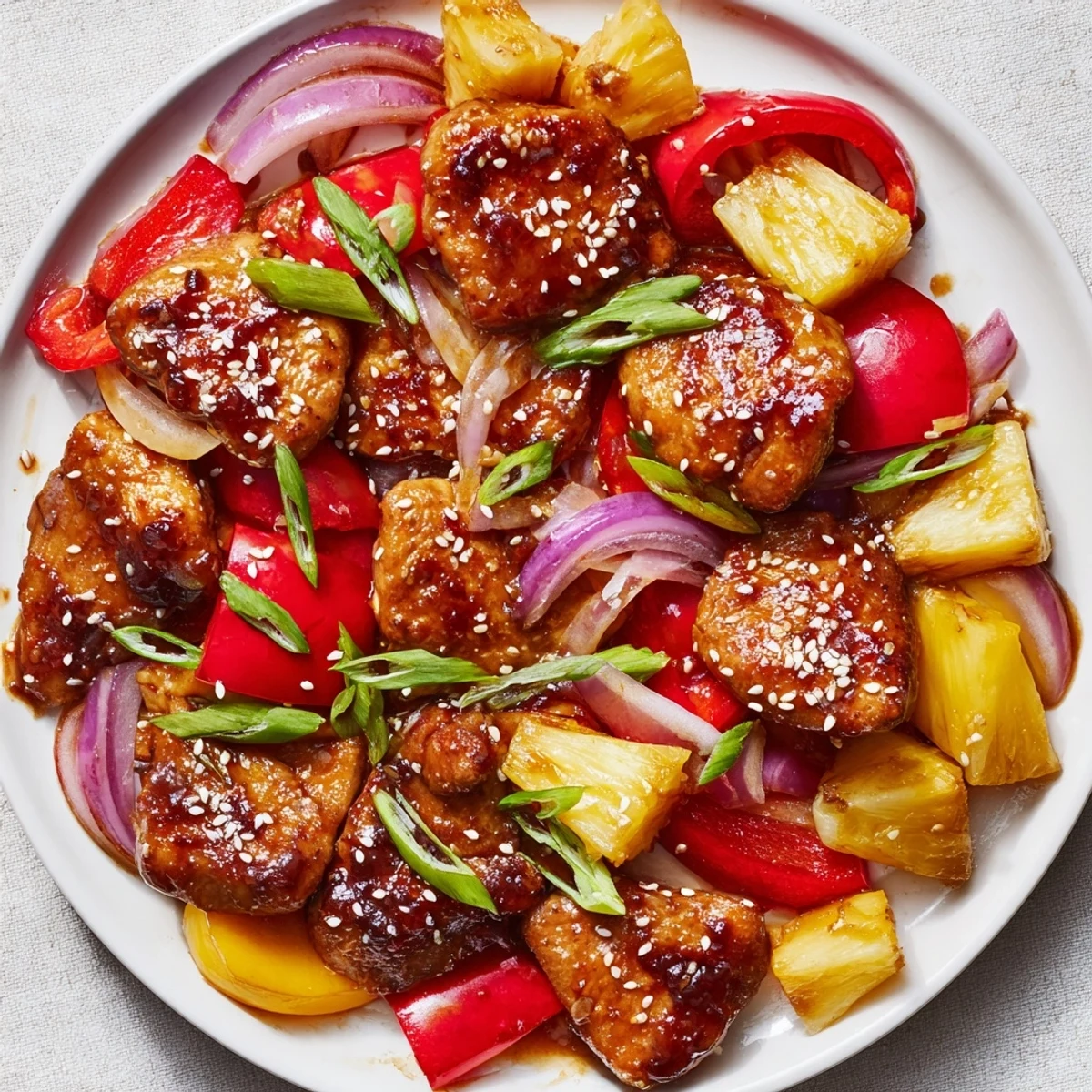 Golden Hawaiian chicken thighs coated in glossy pineapple soy glaze with tender bell peppers
