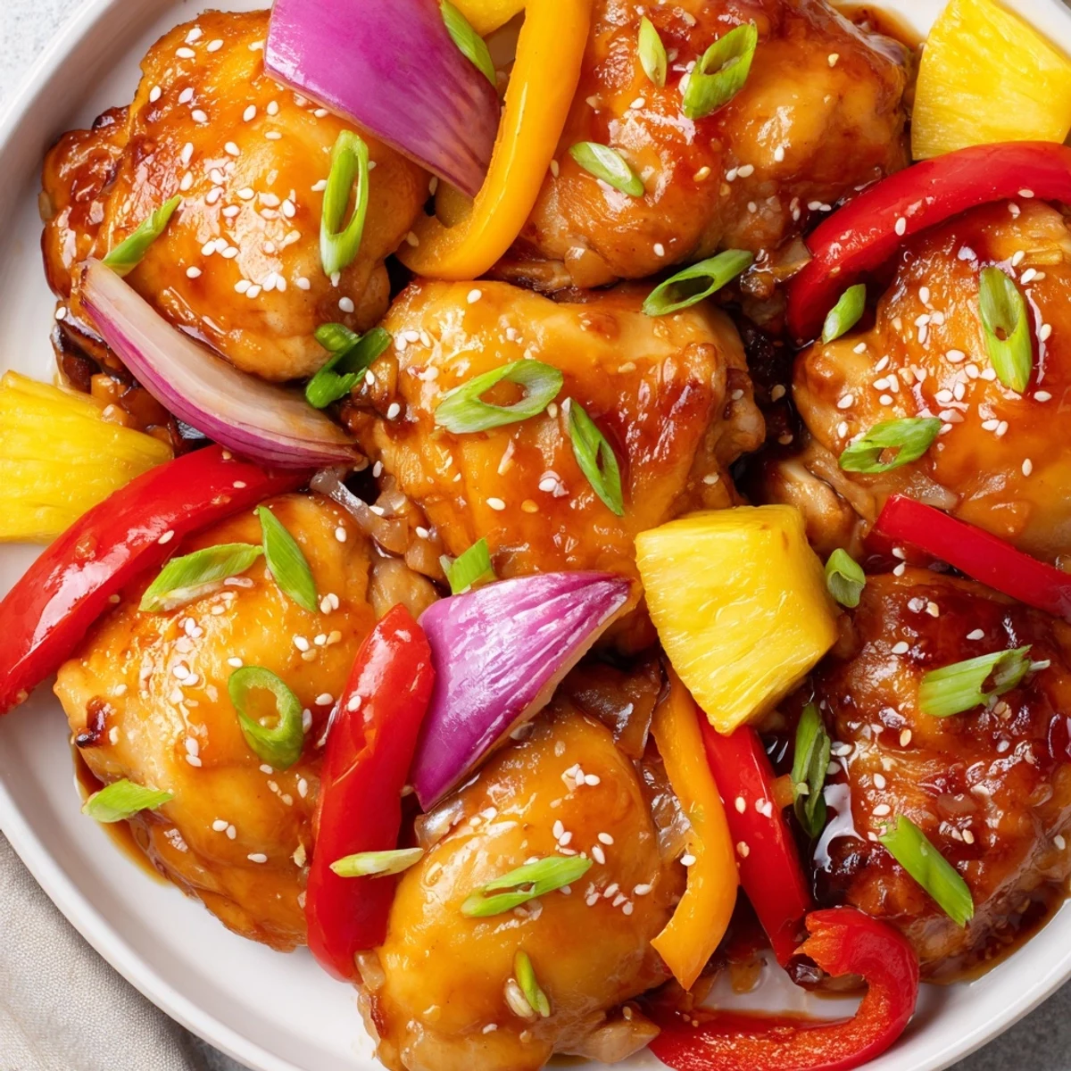 Juicy Hawaiian chicken sliced open revealing caramelized edges beside charred pineapple and onion strips