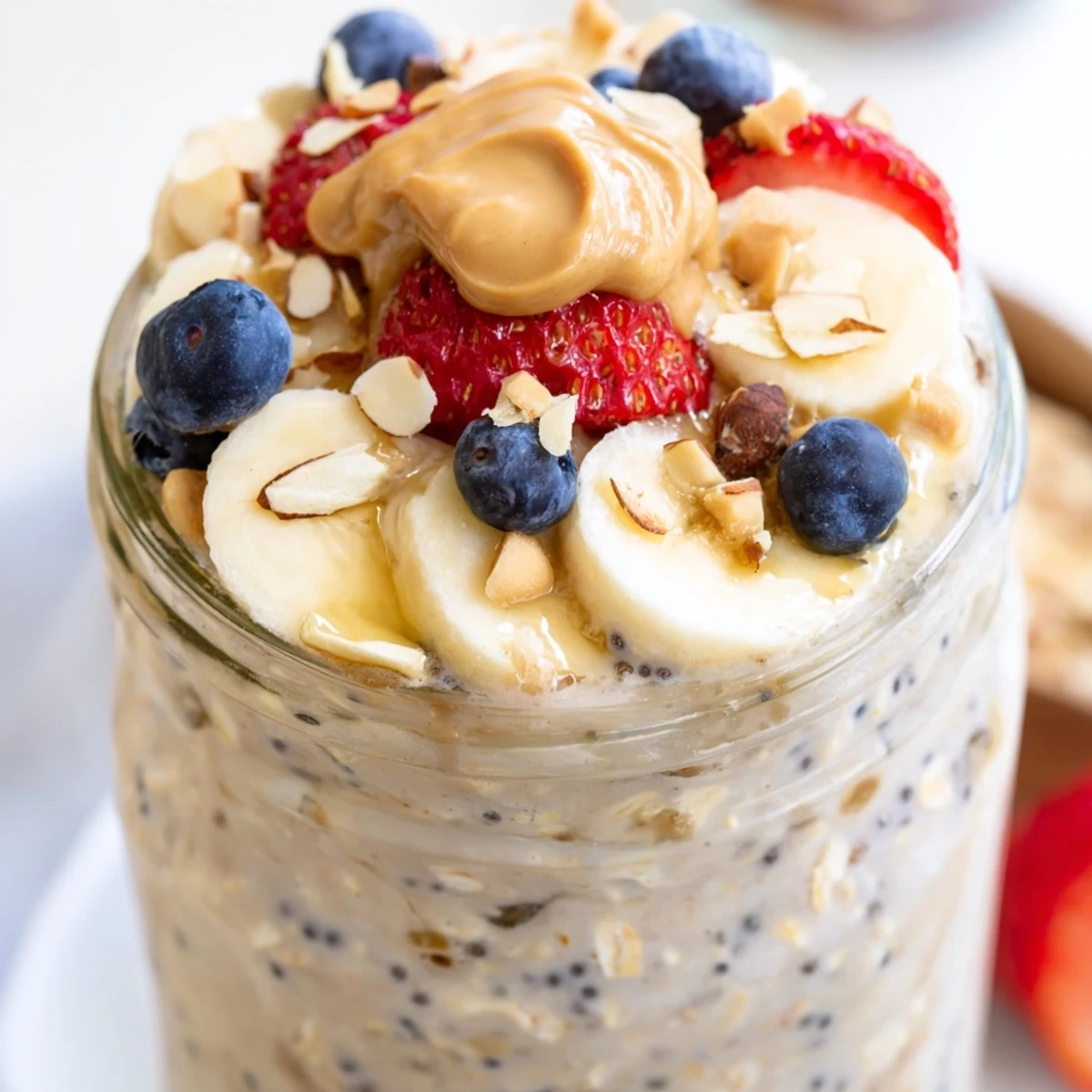 Chilled protein overnight oats served with Greek yogurt fresh berries and crunchy chia seeds