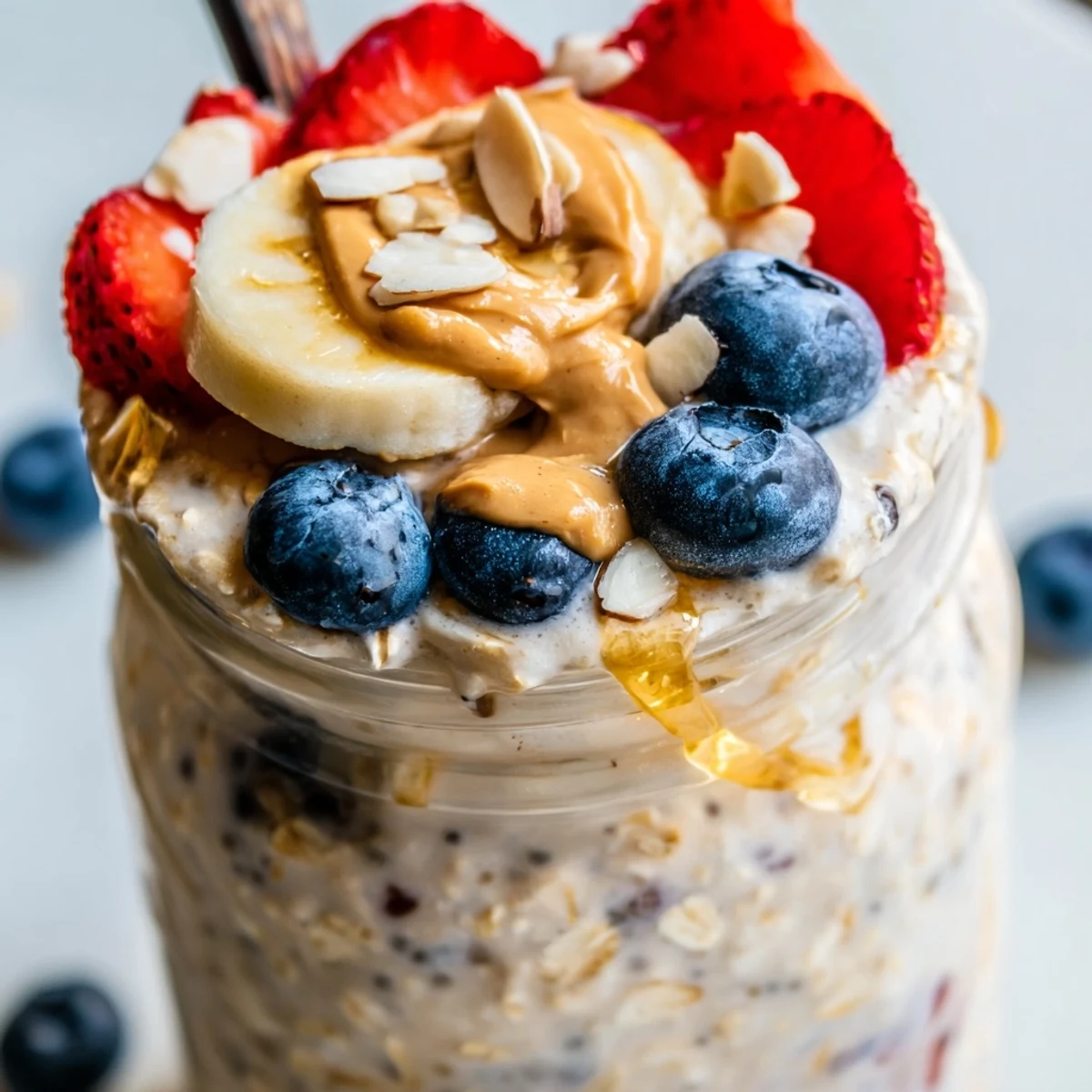 Thick vanilla protein overnight oats in a glass jar layered with sliced banana toppings