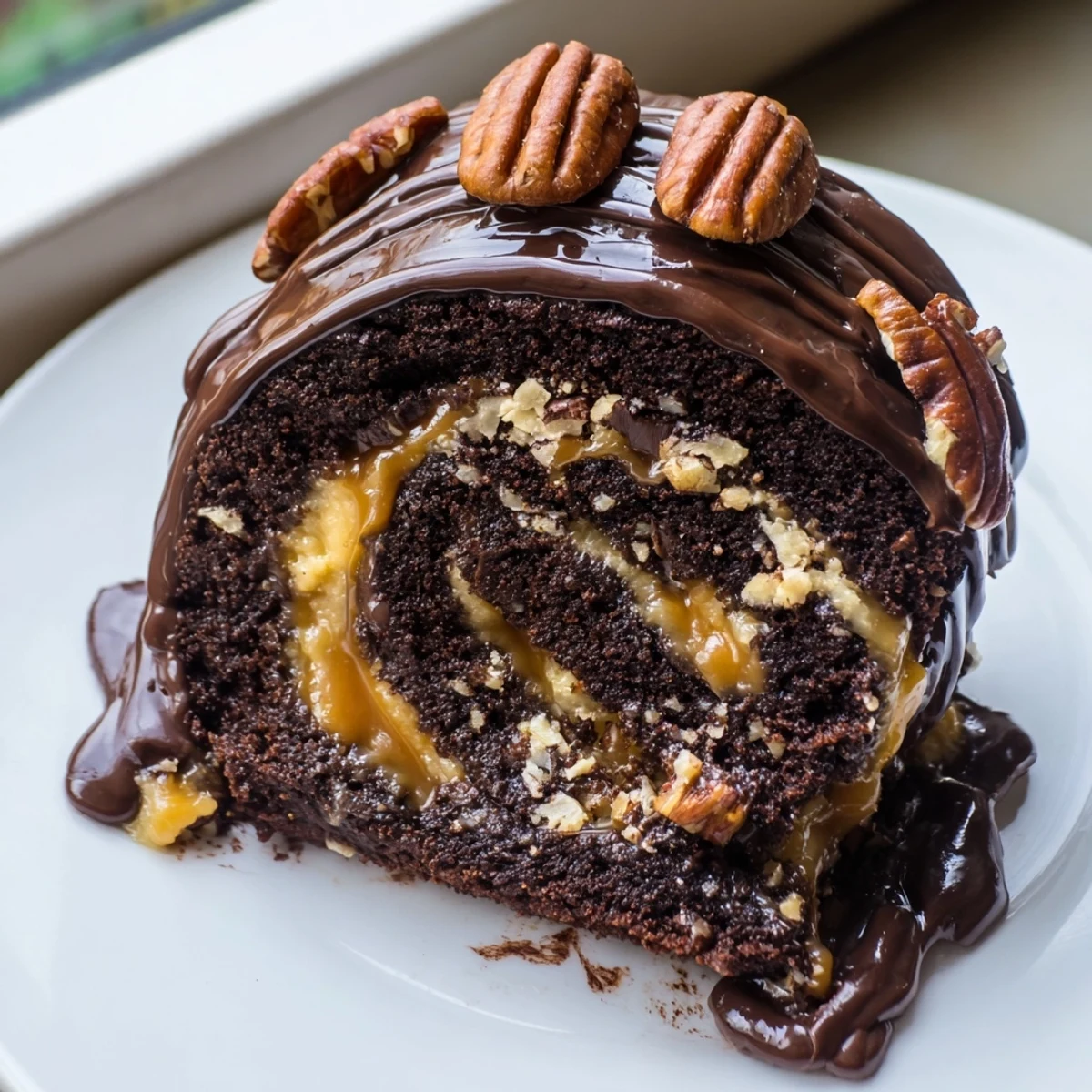 Gooey Chocolate Caramel Turtle Cake Roll sliced and drizzled with rich ganache on a rustic platter