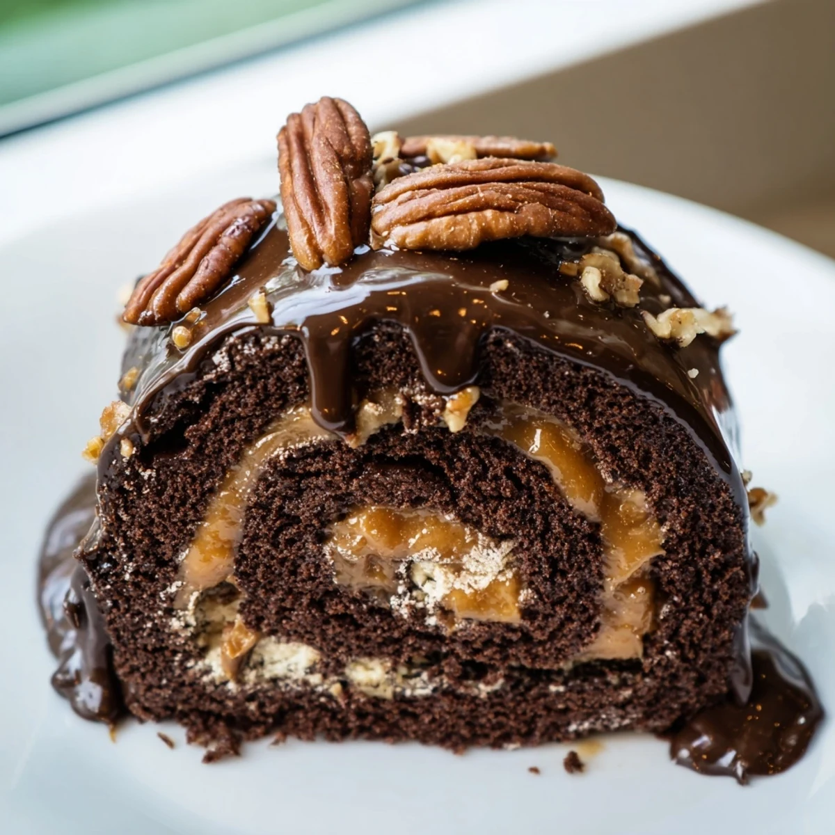 A spiral slice of Gooey Chocolate Caramel Turtle Cake Roll revealing caramel pecan filling inside