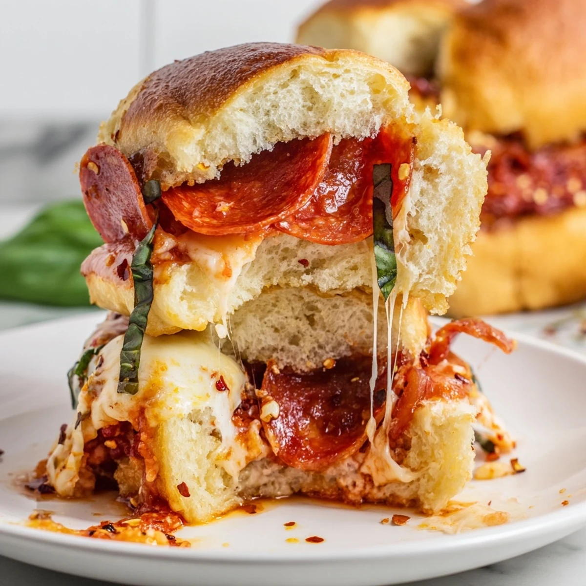 Hot Honey Pepperoni Pizza Sliders with gooey cheese and golden buttery tops on a platter