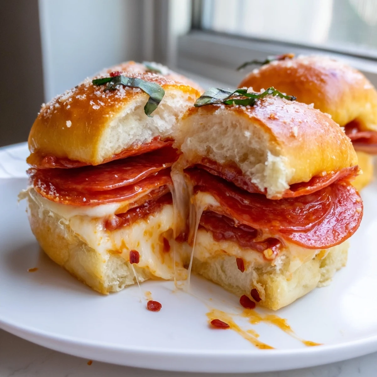 Pull-apart Hot Honey Pepperoni Pizza Sliders stacked with pepperoni and bubbling cheese fresh from the oven