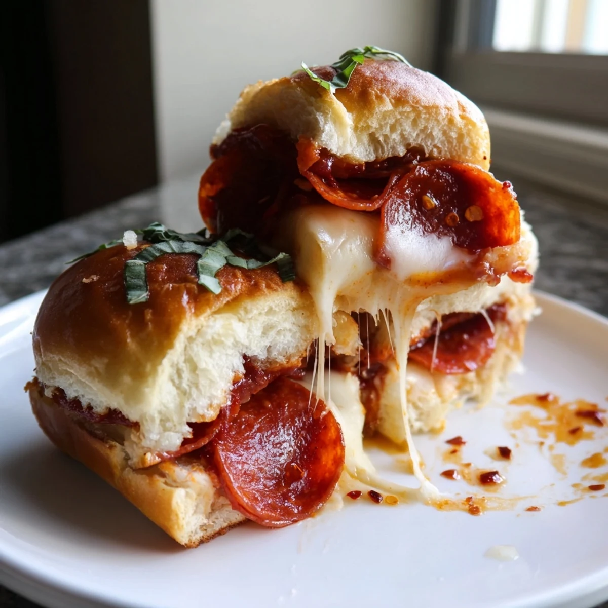 Crispy baked Hot Honey Pepperoni Pizza Sliders oozing melted mozzarella and drizzled with sweet-spicy glaze