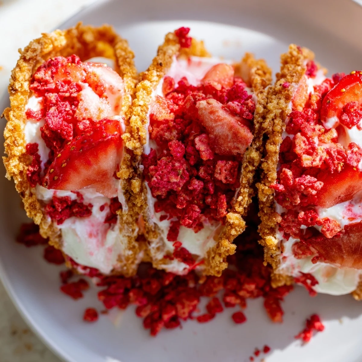 Crispy golden cinnamon sugar taco shells filled with pillowy cheesecake mousse and vibrant strawberry crunch crumble topping