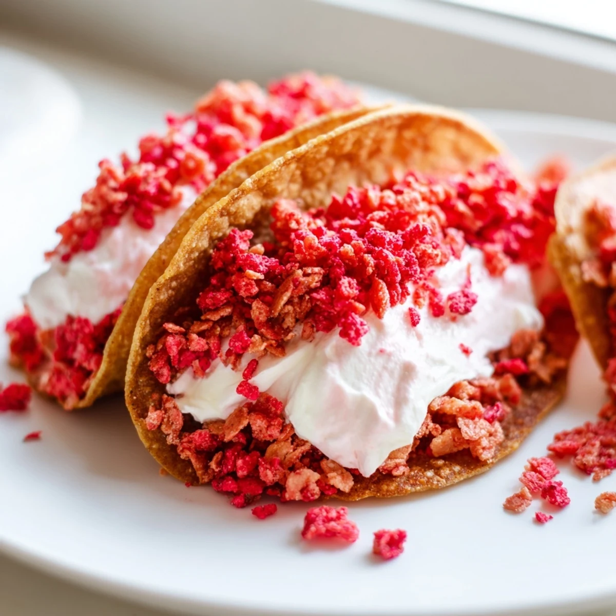 Creamy strawberry crunch cheesecake tacos sprinkled with crushed freeze-dried berries and fresh diced strawberries on top