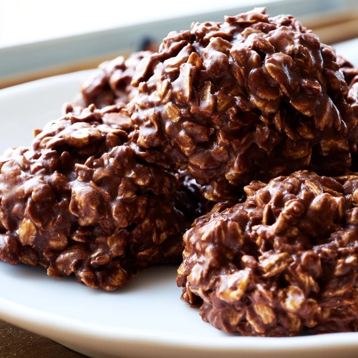 Fudgy Chocolate Oatmeal No Bake Cookies stacked on parchment with peanut butter swirls