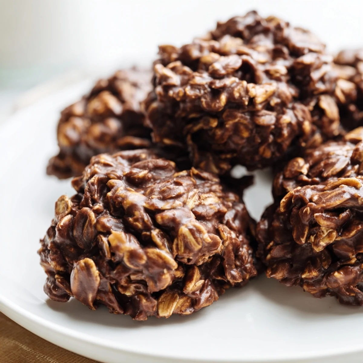 Chewy Chocolate Oatmeal No Bake Cookies dotted with oats on a rustic cooling rack