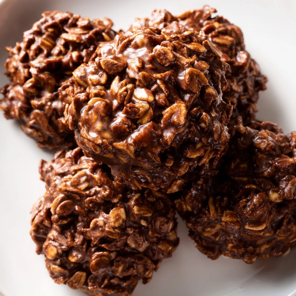 Glossy Chocolate Oatmeal No Bake Cookies clustered on a white plate for easy snacking