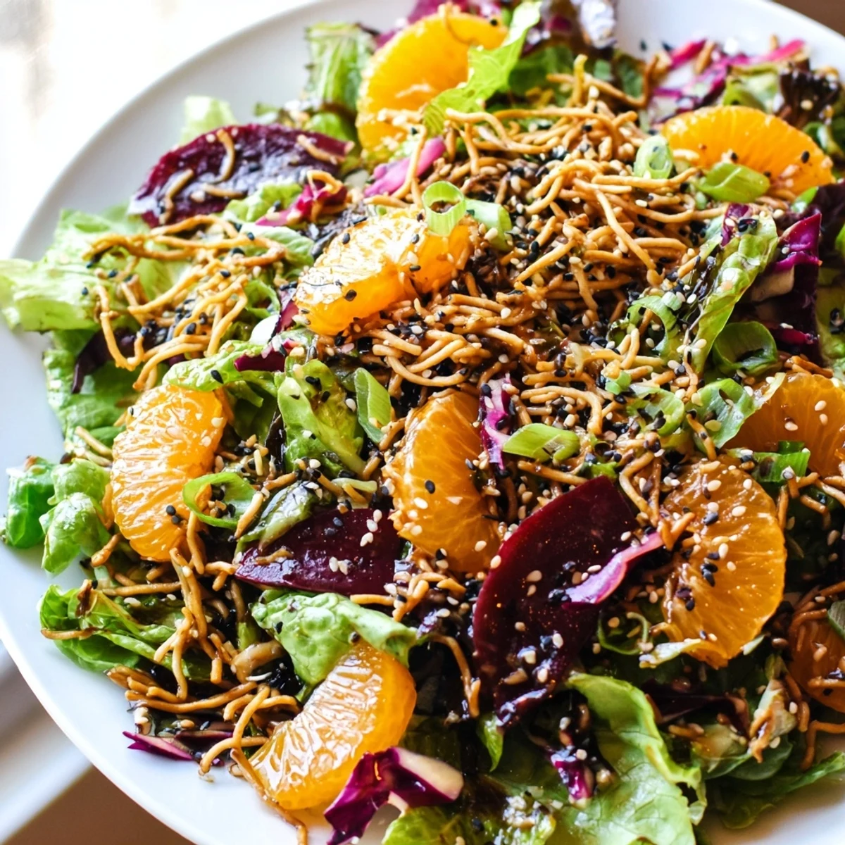 A vibrant Mandarin Sesame Crunch Salad with colorful vegetables and toasted sesame topping