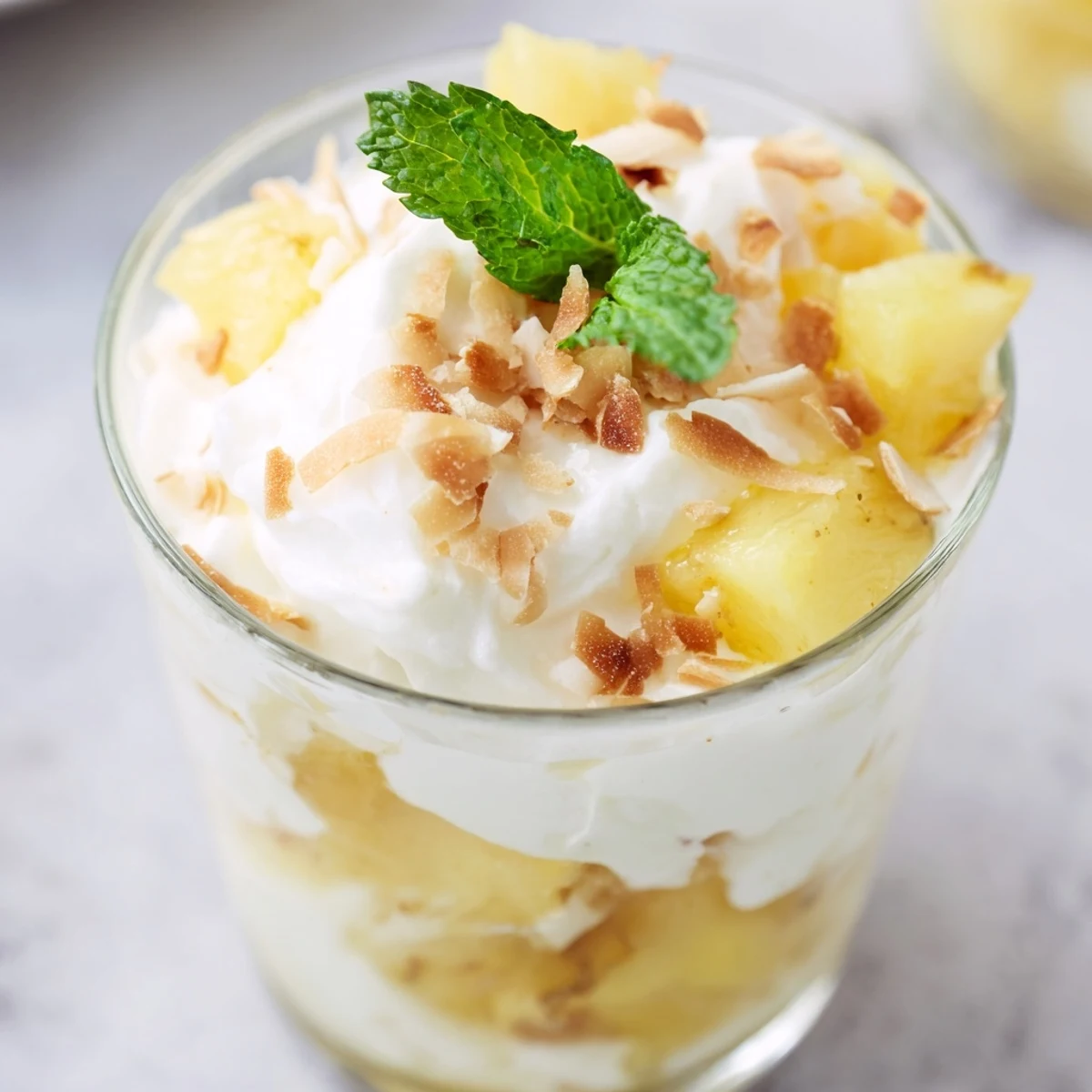 Golden pineapple chunks topped with creamy mini pineapple condensed coconut milk dessert in glass cups