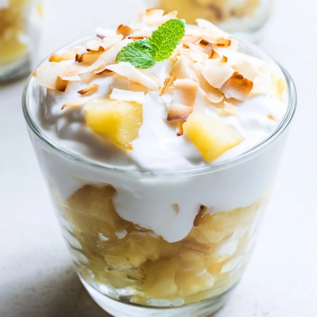 Creamy mini pineapple condensed coconut milk layered with juicy fruit and toasted coconut flakes
