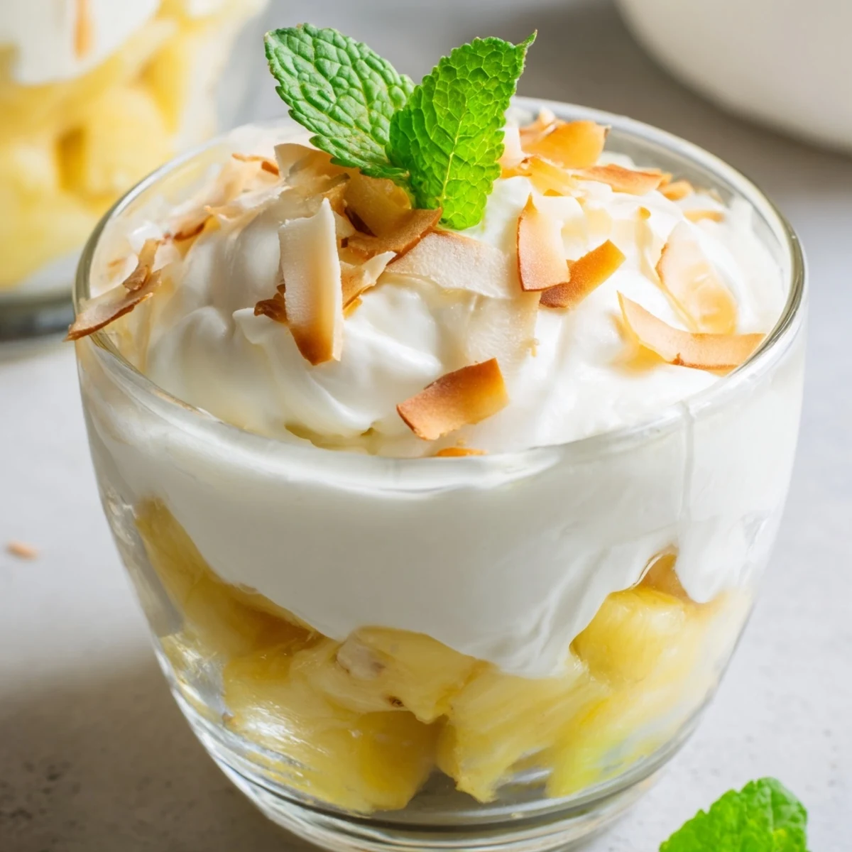 Mini pineapple condensed coconut milk parfaits garnished with fresh mint and golden coconut topping