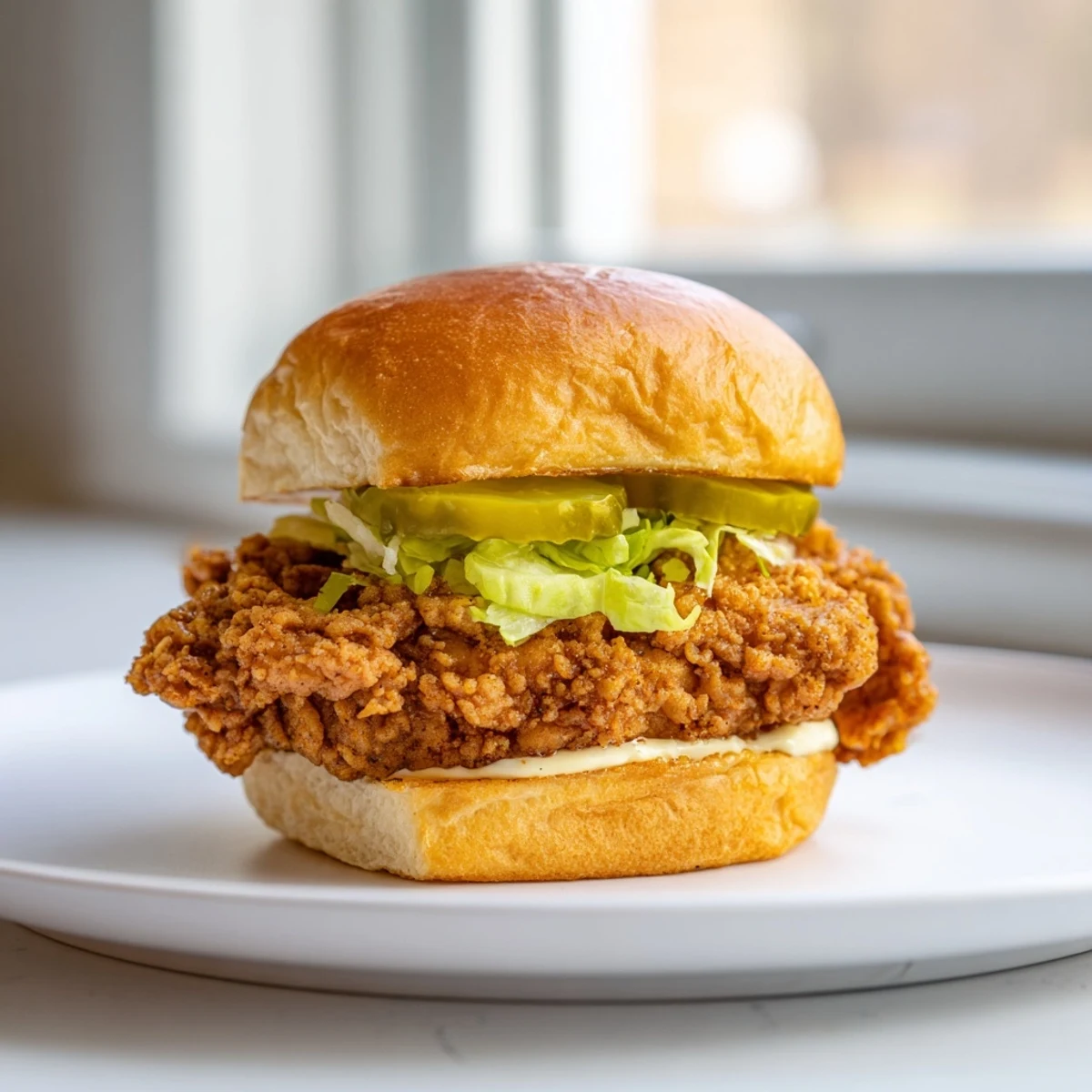 Golden crispy pickle brined fried chicken sliders stacked on soft buns with pickles and lettuce
