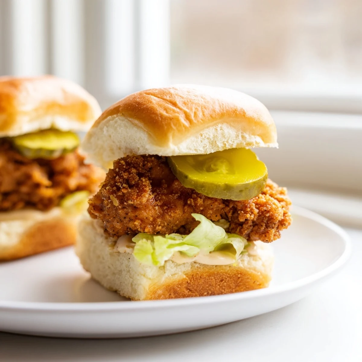 Close-up of pickle brined fried chicken sliders showing crunchy golden breading on toasted buns