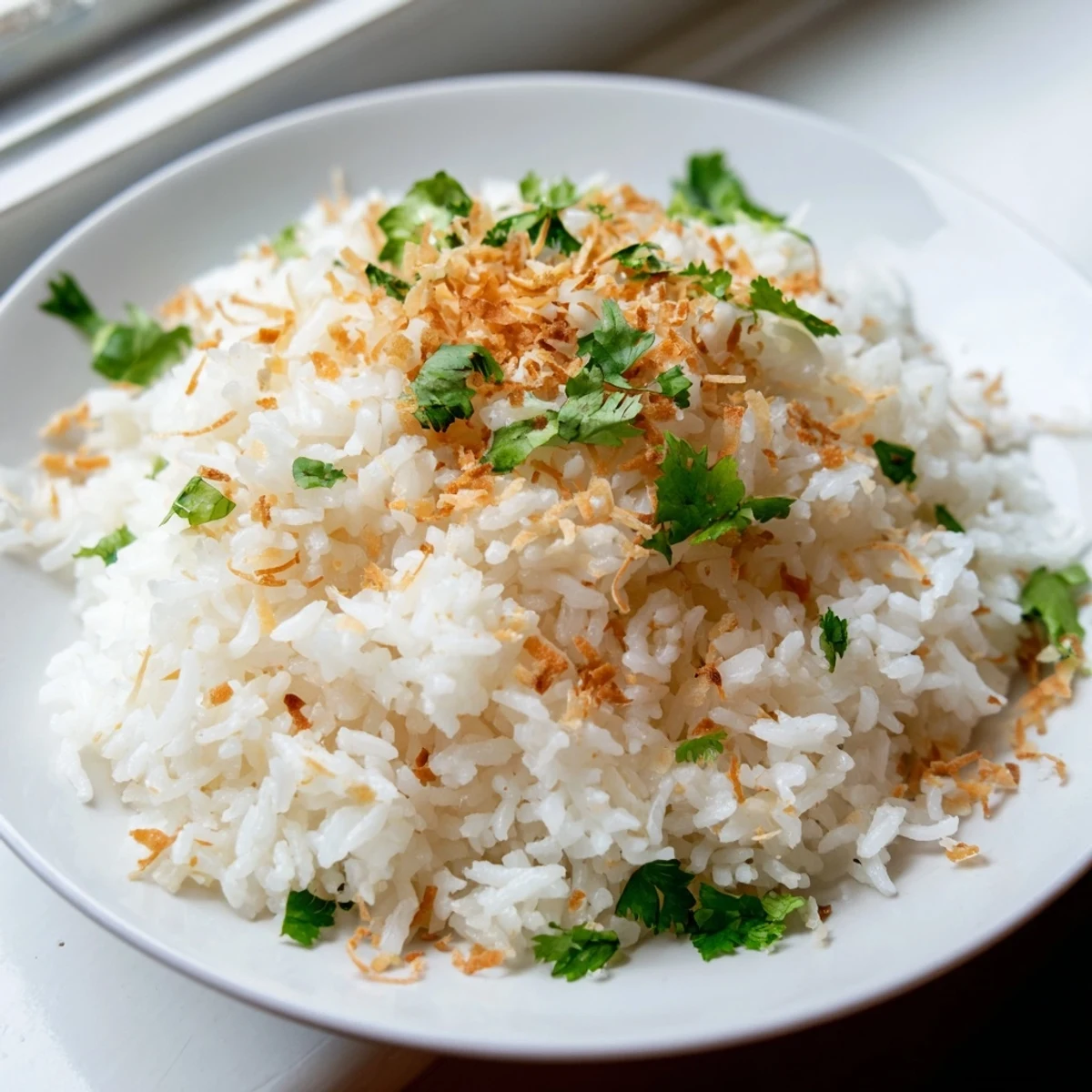 Creamy coconut rice garnished with toasted coconut flakes and fresh cilantro