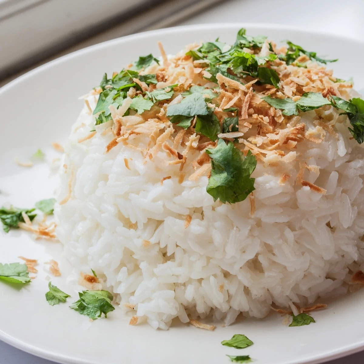 Fluffy coconut rice piled on a plate with a sprig of cilantro