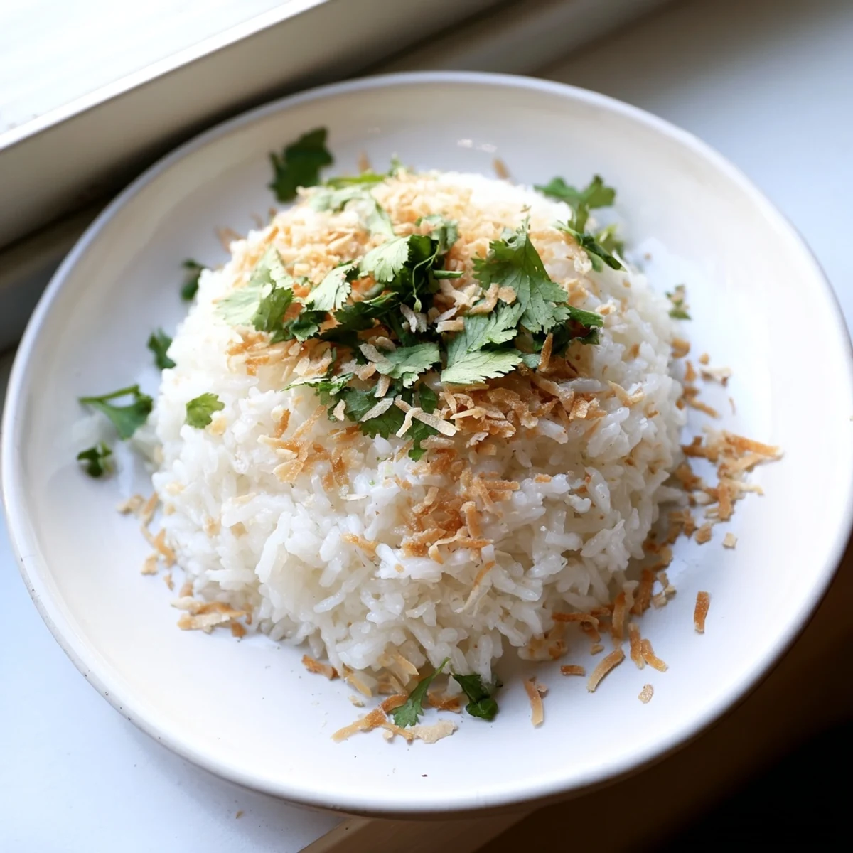Steaming bowl of coconut rice served alongside a rich Thai curry