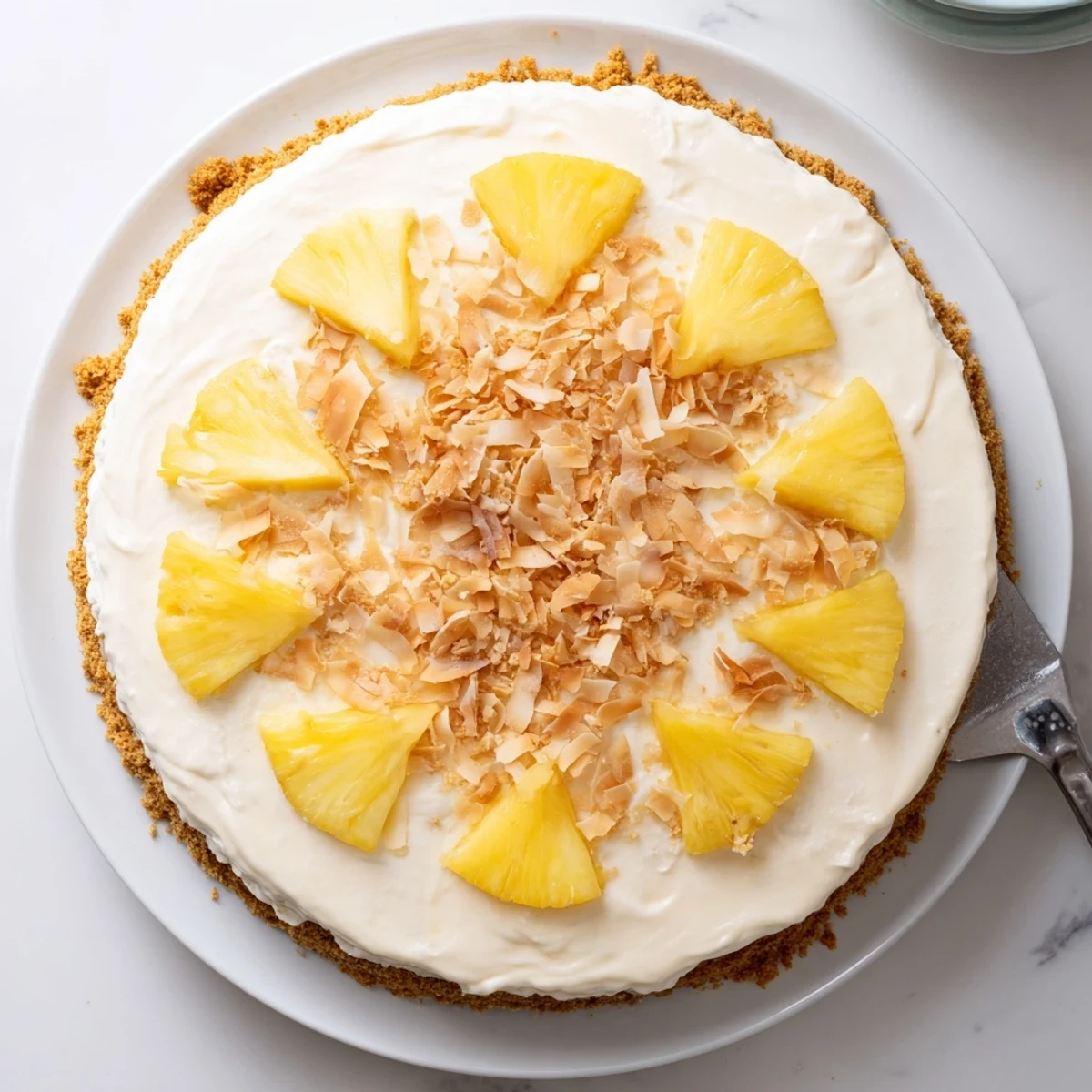 Golden graham cracker crust beneath a tall no bake pineapple coconut cream cake slice