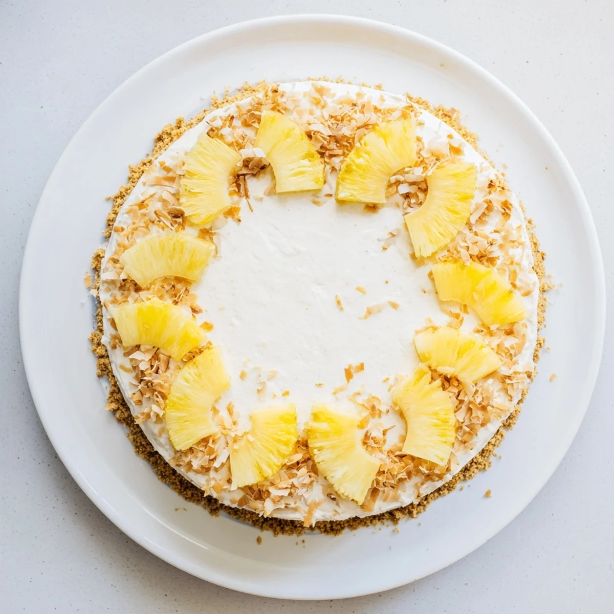 Creamy no bake pineapple coconut cream cake sliced on a tropical-themed dessert plate