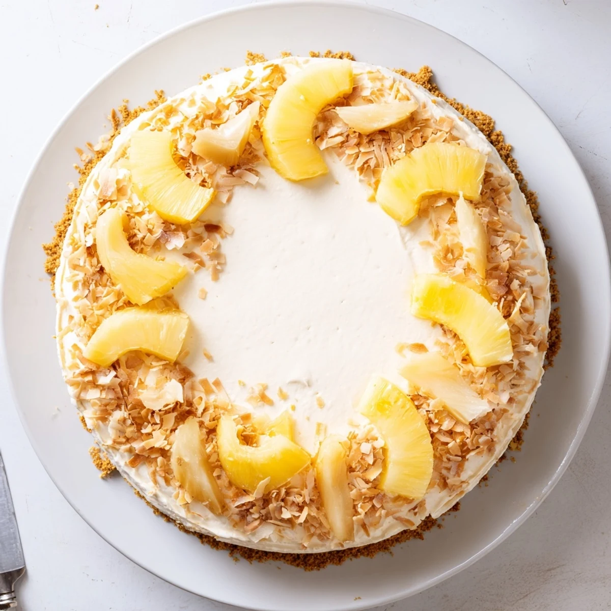 No bake pineapple coconut cream cake topped with toasted coconut flakes and juicy pineapple chunks